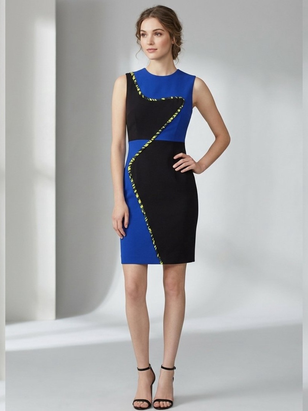 Milly Scuba Colorblock Sheath Dress Size 8 Blue Black Neon Green Trim Fitted USA